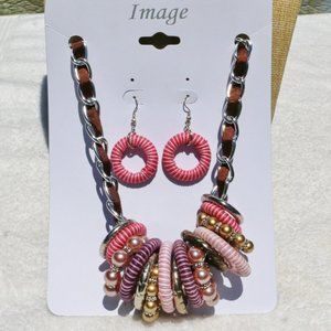 Boho Necklace Statement Pearl Ribbon Silver Set